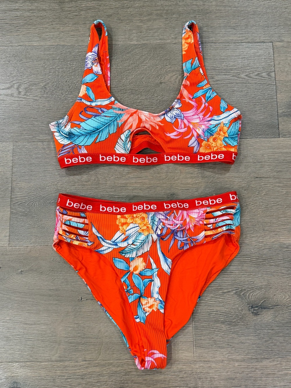 Bebe Tropical Floral 2 Piece Scoop Bikini Set Orange Cheeky